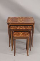 A NEST OF THREE LOUIS XVITH DESIGN MARQUETRY INLAID TABLES on curving legs. Large table: 2ft 1ins