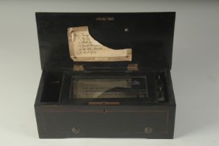 A 19TH CENTURY ROSEWOOD CASED MUSICAL BOX. J. M. C. & W. Playing 6 airs. 13ins long x 6ins wide x