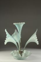 A VICTORIAN SATIN GLASS CENTRPIECE, with four trumpets on a faceted base. 15ins high.