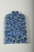 A CHINESE CARVED AND PIERCED LAPIS PENDANT. 2.75ins high.