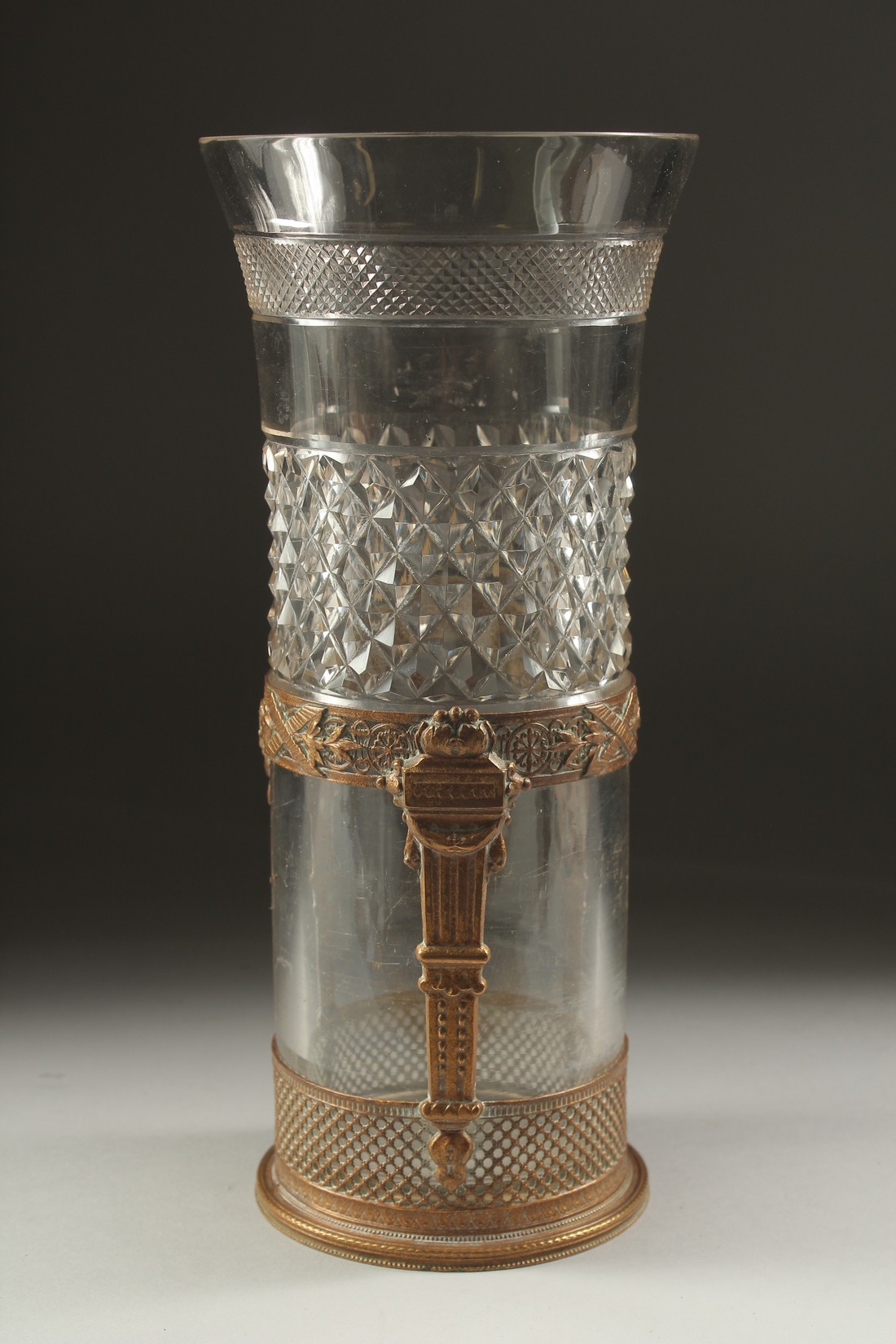 AN 19TH CENTURY FRENCH BRASS AND GLASS VASE. 9.5ins high. - Image 3 of 5