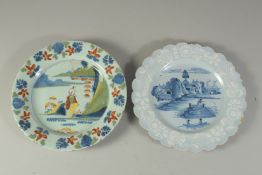 A POLYCHROME TIN GLAZE COLOURED PLATE with Chinese figures and a blue Chinese design plate, 8.5ins