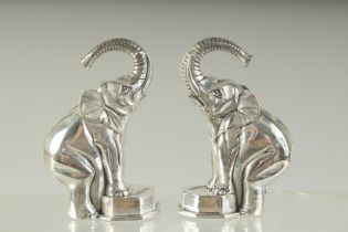 A PAIR OF SILVER PLATE ELEPHANT SALT AND PEPPERS. 8.5cms high.