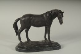 A BRONZE HORSE on a marble base. 10ins long.