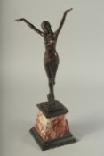 AFTER D. H. CHIPARUS. A BRONZE DANCING GIRL. Signed, on a marble base. 19ins high.