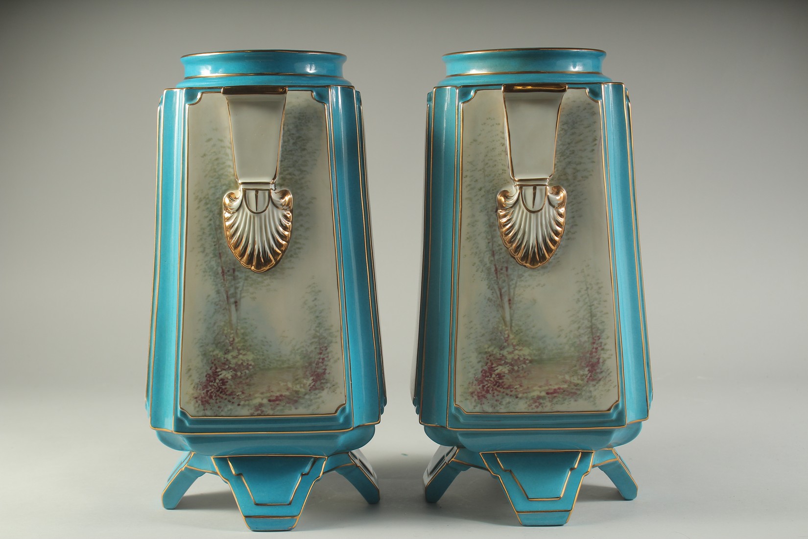 A PAIR OF SEVRES STYLE SQUARE TAPERING PORCELAIN VASES painted with classical panels. 14ins high. - Bild 2 aus 2