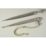 A VERY GOOD RUSSIAN SILVER HANDLE AND SHEATH DAGGER, dated 1894, with damask blade. Stamped 84 Eagle