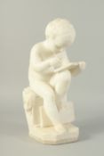 ITALIAN SCHOOL. 19TH CENTURY. A GOOD CARVED WHITE MARBLE FIGURE OF A YOUNG BOY SITTING ON A BENCH,