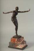 AFTER D. H. CHIPARUS. A BRONZE DANCING GIRL. Signed, on a marble base. 19ins high.