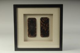 A PAIR OF INLAID TORTOISESHELL PIECES, 5.5ins x 2ins, in a glass framed case.