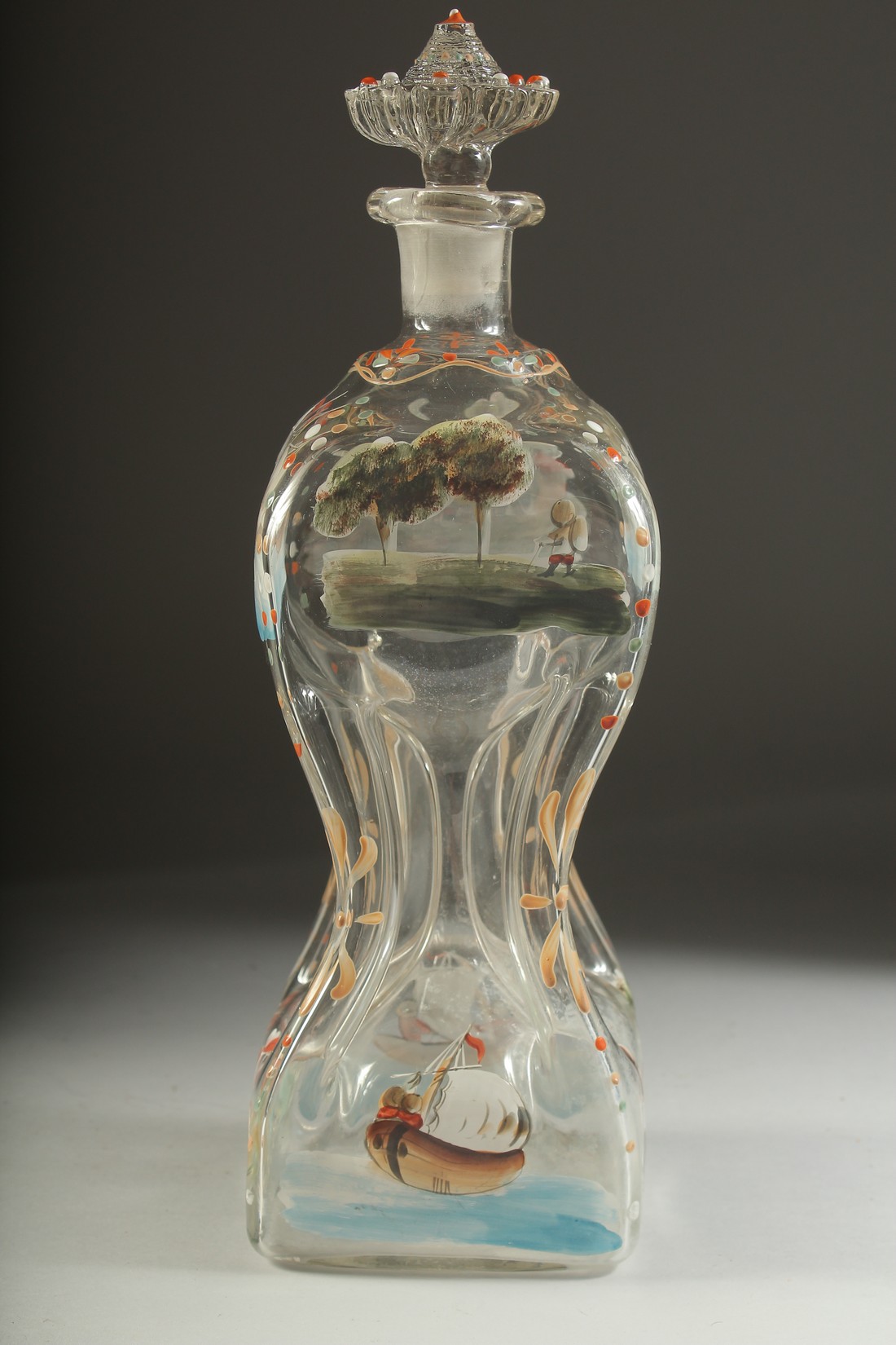 A VICTORIAN FOUR DIVISION DECANTER AND STOPPER, painted with ducks and a windmill etc. 14ins high. - Bild 4 aus 5