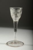 A SUPERB GEORGIAN WINE GLASS, the bowl etched with roses, with plain stem. 5.75ins high.