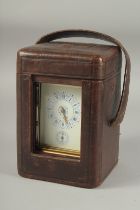 A GOOD 19TH CENTURY FRENCH BRASS REPEATER CARRIAGE CLOCK with cream dial and silvered bamboo type