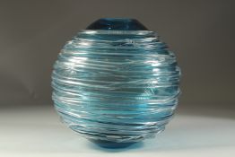 A GOOD WILLIAM YEOWARD BLUE TINTED BULBOUS GLASS VASE. 10.5ins high.