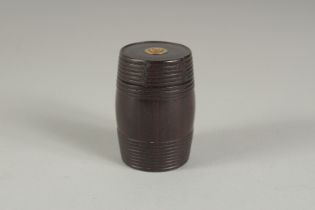 A SMALL TREEN BARREL SHAPED SNUFF BOX with gold spoon, on a chain. 2ins high.