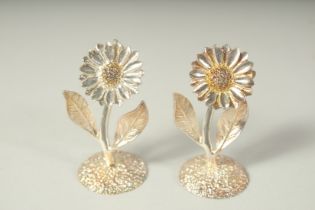 A CASED PAIR OF SILVER FLOWERS. 2.5ins high.