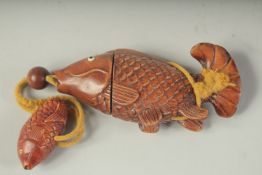 A CARVED WOOD CARP INRO. 4.5ins.