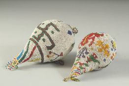 TWO FINE BEADWORK GOURDS. 6.5ins high.