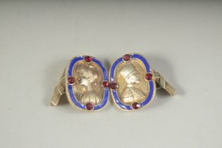 A PAIR OF RUSSIAN SILVER AND ENAMEL CUFFLINKS.