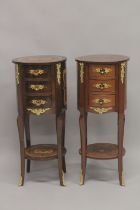 TWO LOUIS XVITH DESIGN INLAID CIRCULAR BEDSIDE TABLES with drawers, curving legs and under tier. 1ft