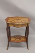 A GOOD LOUIS XVITH DESIGN INLAID TABLE with gilt metal mounts, single drawer, curving legs and