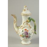 A SMALL MEISSEN PORCELAIN JUG AND COVER painted with flowers. Cross swords mark in blue. 6.5ins high