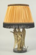 A GOOD ART DECO GILT BRONZE WINGED ANGEL, on a circular black marble base, formed as a lamp with