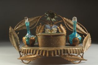 A GOOD CIRCA 1900 FRENCH GILT METAL DRESSING TABLE SET with leaf decoration and painted with