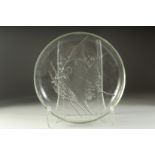 A GOOD LARGE ART DECO GLASS CIRCULAR DISH with a large angel fish in relief. 12ins diameter.