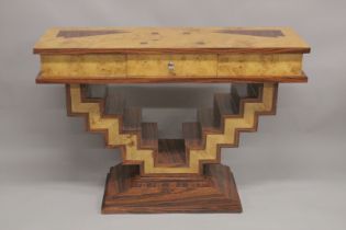 A GOOD INLAID ART DECO DESIGN SIDE TABLE with central drawer and zig zag supports. 4ft long x 1ft