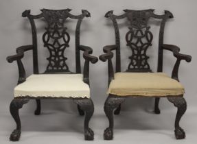 A VERY GOOD PAIR OF IRISH CHIPPENDALE MAHOGANY ARMCHAIRS CIRCA 1860, carved with oak leaves and