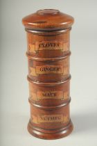 A FOUR DIVISION SPICE TOWER. Cloves, Ginger, Mace, Nutmeg. 7.5ins high.