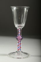 A WINE GLASS with knop stem and blue and white twist stem. 6ins high.
