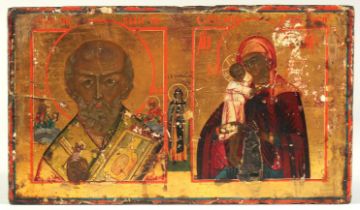 A 19TH CENTURY RUSSIAN DOUBLE ICON. 13cms x 23cms.