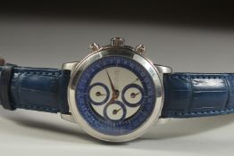 A QUINTING FOUR DIAL WRISTWATCH with blue dial and blue leather strap. QUINTING FABRIQUE EN