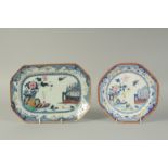A DERBY PLATE AND EARLIER CHINESE PORCELAIN DISH of the same pattern. Clobbered decoration. Circa
