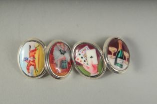 A GOOD SET OF SILVER AND ENAMEL FOUR VICES CUFFLINKS, boxed.