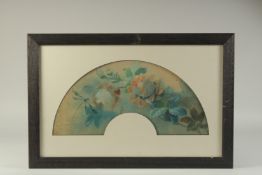 L. D. HEUDANGE. A GOOD VICTORIAN FAN SHAPED FLORAL PICTURE, roses and a dragonfly. 18ins x 9ins in a