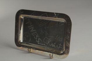 A CHRISTOPHLE ENGRAVED SILVER TRAY, dated 2019. 5.5ins long in a purse.