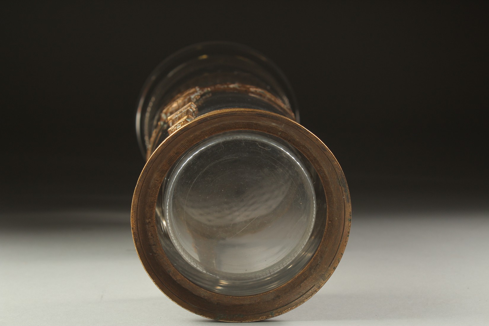 AN 19TH CENTURY FRENCH BRASS AND GLASS VASE. 9.5ins high. - Image 5 of 5