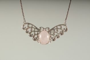 A SILVER ROSE QUARTZ BUTTERFLY NECKLACE, boxed.