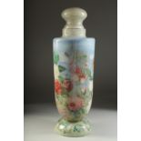 A GOOD GLASS JAR AND COVER, painted with birds and flowers. 18ins high.