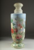 A GOOD GLASS JAR AND COVER, painted with birds and flowers. 18ins high.