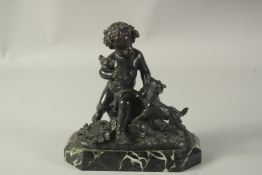ALFRED BOUCHER (1850 - 1934) FRENCH. A GOOD BRONZE CUPID WITH A PLAYFUL DOG. Signed, on a marble