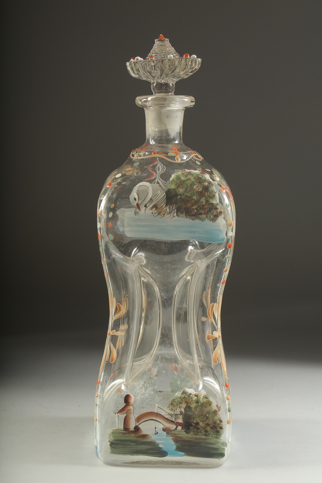A VICTORIAN FOUR DIVISION DECANTER AND STOPPER, painted with ducks and a windmill etc. 14ins high. - Bild 3 aus 5