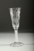 A GEORGIAN WINE GLASS with white air twist stem, long flute engraved with hops. 7ins high.