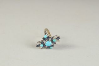 A SUPERB TURQUOISE, DIAMOND AND SAPPHIRE RING.