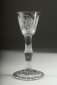 A GEORGIAN WINE GLASS with knop stem, the bowl engraved with fruiting vines. 5.5ins high.