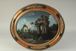 A GOOD VICTORIAN OVAL PAINTING ON GLASS. Ruins with mother-of -pearl in a gilded frame. 18ins x