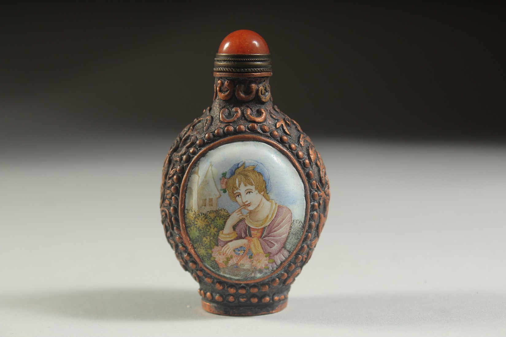 A CHINESE CLOISONNE SNUFF BOTTLE with panels of European ladies. - Image 2 of 2